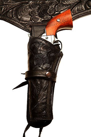 44/45 Caliber Handmade Black Left Hand Draw Western/Cowboy Hollywood Style Hand Tooled Gun Holster and Belt