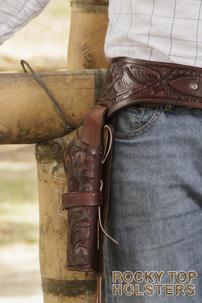 38/.357 cal) Western Gun Belt and Holster - RH Draw - Chocolate Brown  Tooled Leather