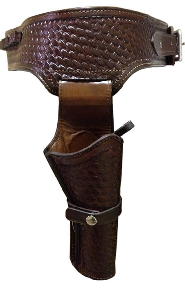 38/357 Caliber Brown Basketweave Western Cowboy Hollywood Style Hand Tooled Gun Holster and Belt