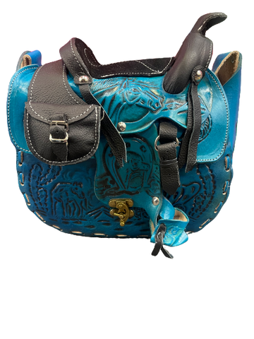 Genuine Leather Turquoise Saddle Tooled Purse