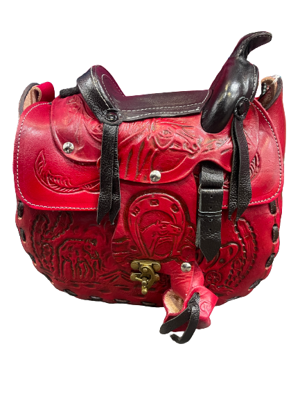 Genuine Leather Red Saddle Tooled Purse