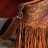 Wrangler Vintage Floral Embossed Fringe Concealed Carry Oversize Crossbody/Shoulder Bag - Brown