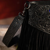 Wrangler Vintage Floral Embossed Fringe Concealed Carry Oversize Crossbody/Shoulder Bag - Black