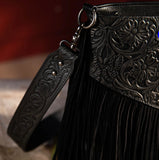 Wrangler Vintage Floral Embossed Fringe Concealed Carry Oversize Crossbody/Shoulder Bag - Black