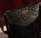 Wrangler Vintage Floral Embossed Fringe Concealed Carry Oversize Crossbody/Shoulder Bag - Black