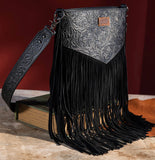 Wrangler Vintage Floral Embossed Fringe Concealed Carry Oversize Crossbody/Shoulder Bag - Black