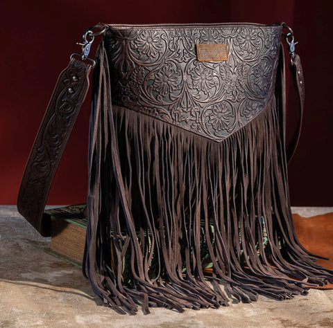 Wrangler Vintage Floral Embossed Fringe Concealed Carry Oversize Crossbody/Shoulder Bag - Coffee