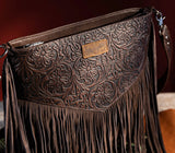 Wrangler Vintage Floral Embossed Fringe Concealed Carry Oversize Crossbody/Shoulder Bag - Coffee