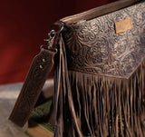 Wrangler Vintage Floral Embossed Fringe Concealed Carry Oversize Crossbody/Shoulder Bag - Coffee