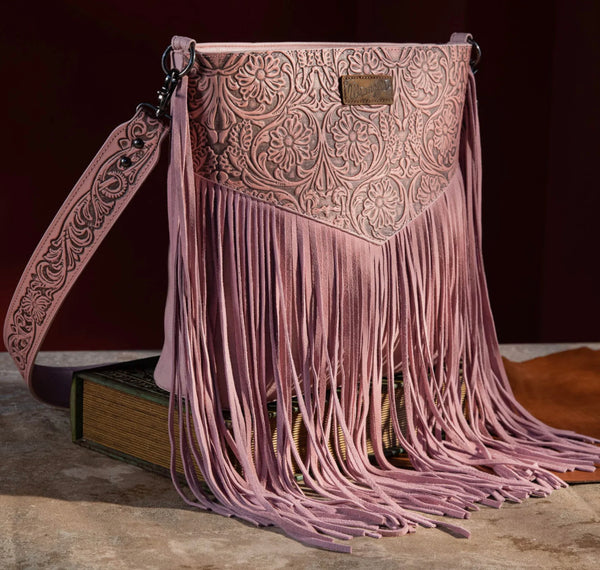Wrangler Vintage Floral Embossed Fringe Concealed Carry Oversize Crossbody/Shoulder Bag - Peach