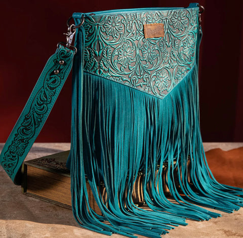 Wrangler Vintage Floral Embossed Fringe Concealed Carry Oversize Crossbody/Shoulder Bag - Turquoise