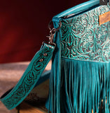 Wrangler Vintage Floral Embossed Fringe Concealed Carry Oversize Crossbody/Shoulder Bag - Turquoise