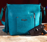 Wrangler Vintage Floral Embossed Fringe Concealed Carry Oversize Crossbody/Shoulder Bag - Turquoise