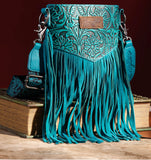 Wrangler Vintage Floral Embossed Fringe Crossbody- Turquoise