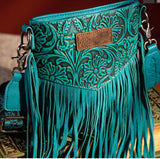 Wrangler Vintage Floral Embossed Fringe Crossbody- Turquoise