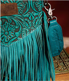 Wrangler Vintage Floral Embossed Fringe Crossbody- Turquoise