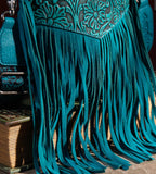 Wrangler Vintage Floral Embossed Fringe Crossbody- Turquoise