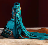 Wrangler Vintage Floral Embossed Fringe Crossbody- Turquoise