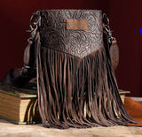 Wrangler Vintage Floral Embossed Fringe Crossbody- Coffee
