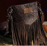 Wrangler Vintage Floral Embossed Fringe Crossbody- Coffee