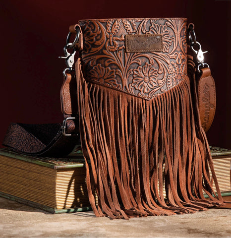 Wrangler Vintage Floral Embossed Fringe Crossbody- Brown