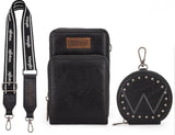 WG117-207 Wrangler Crossbody Cell Phone Purse 3 Zippered Compartment with Coin Pouch - Black