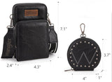 WG117-207 Wrangler Crossbody Cell Phone Purse 3 Zippered Compartment with Coin Pouch - Black