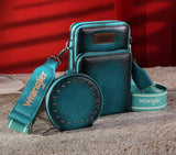 WG117-207 Wrangler Crossbody Cell Phone Purse 3 Zippered Compartment with Coin Pouch - Turquoise