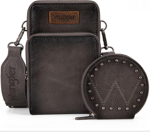 WG117-207 Wrangler Crossbody Cell Phone Purse 3 Zippered Compartment with Coin Pouch -Grey