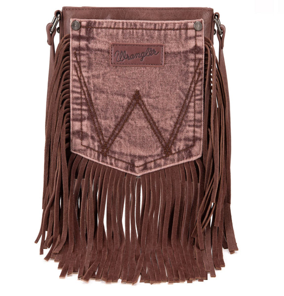 WG44-8360 Wrangler Leather Fringe Jean Denim Pocket Crossbody - Light Coffee