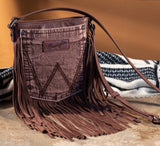 WG44-8360 Wrangler Leather Fringe Jean Denim Pocket Crossbody - Light Coffee