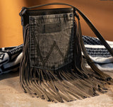 WG44-8360 Wrangler Leather Fringe Jean Denim Pocket Crossbody - Green