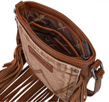 WG44-8360 Wrangler Leather Fringe Jean Denim Pocket Crossbody -Light Brown