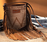 WG44-8360 Wrangler Leather Fringe Jean Denim Pocket Crossbody -Light Brown