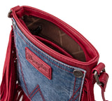 WG44-8360 Wrangler Leather Fringe Jean Denim Pocket Crossbody - Red