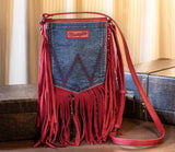 WG44-8360 Wrangler Leather Fringe Jean Denim Pocket Crossbody - Red