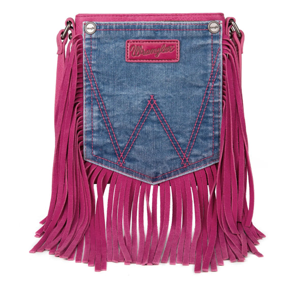 WG44-8360 Wrangler Leather Fringe Jean Denim Pocket Crossbody -Hot Pink