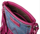 WG44-8360 Wrangler Leather Fringe Jean Denim Pocket Crossbody -Hot Pink