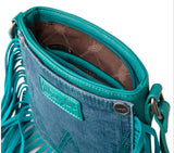 WG44-8360 Wrangler Leather Fringe Jean Denim Pocket Crossbody -Turquoise