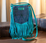 WG44-8360 Wrangler Leather Fringe Jean Denim Pocket Crossbody -Turquoise