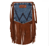 WG44-8360 Wrangler Leather Fringe Jean Denim Pocket Crossbody -Brown