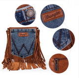 WG44-8360 Wrangler Leather Fringe Jean Denim Pocket Crossbody -Brown