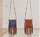 WG44-8360 Wrangler Leather Fringe Jean Denim Pocket Crossbody -Brown