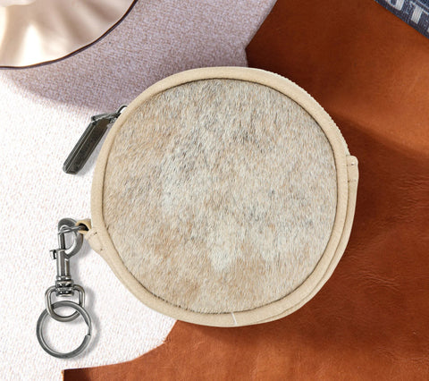 WG116-002 Wrangler Genuine Hair On Cowhide Circular Coin Pouch Bag Charm - Tan