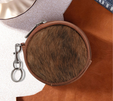 WG116-002 Wrangler Genuine Hair On Cowhide Circular Coin Pouch Bag Charm -Brown