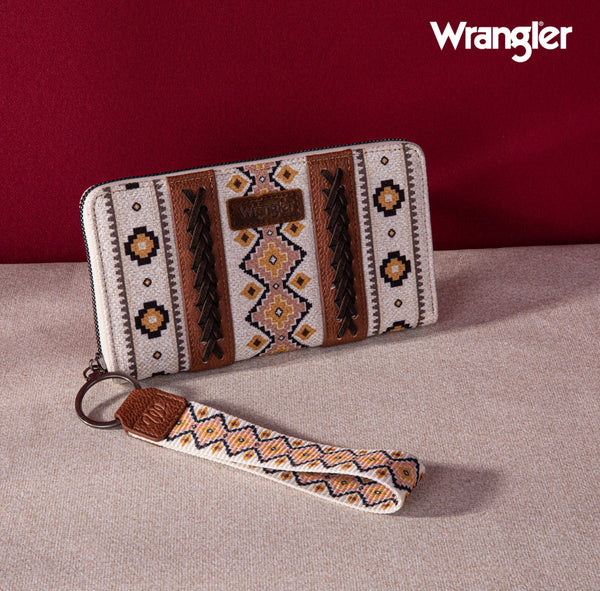 2024 New Wrangler Aztec Southwestern Pattern Canvas Wallet With Wristlet Strap-Coffee