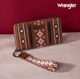 2024 New Wrangler Aztec Southwestern Pattern Canvas Wallet With Wristlet Strap-Dark Brown