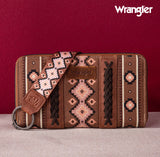 2024 New Wrangler Aztec Southwestern Pattern Canvas Wallet With Wristlet Strap-Dark Brown