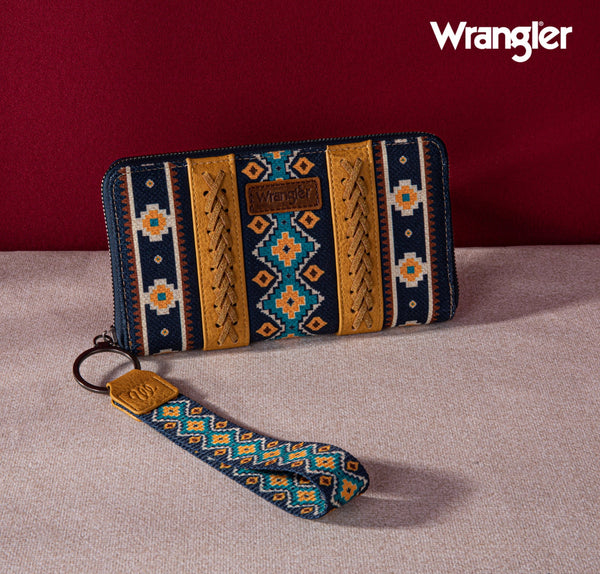 2024 New Wrangler Aztec Southwestern Pattern Canvas Wallet With Wristlet Strap-Mustard