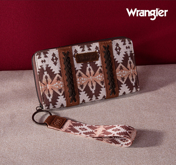 2024 New Wrangler Aztec Southwestern Pattern Canvas Wallet With Wristlet Strap-Light Coffee